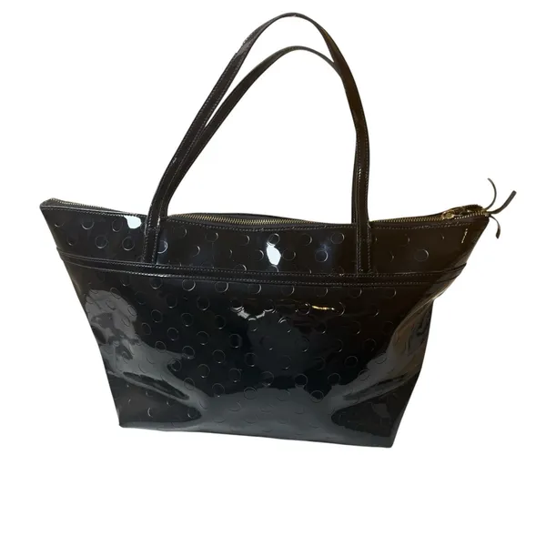 Kate Spade New York Black Patent Tote Bag Polka Dot Embossed Front Bow Accent - Image 3