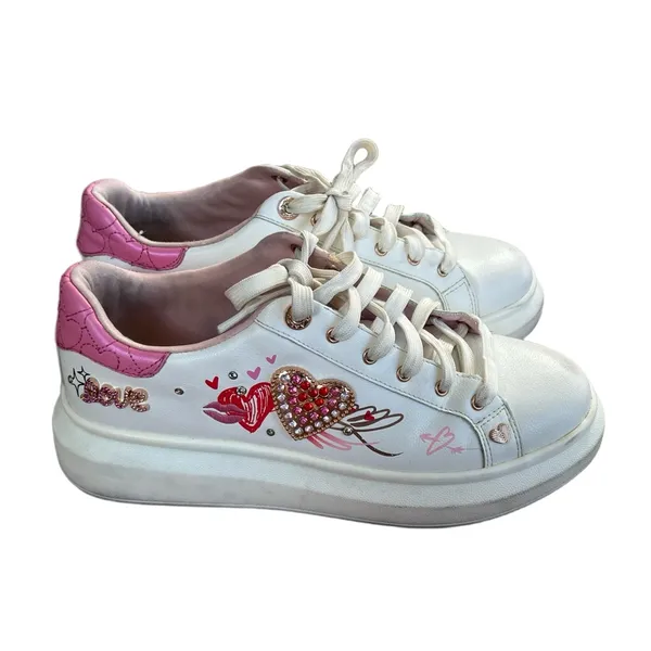 Aldo White and Pink Heart Embellished Sneakers - Image 4