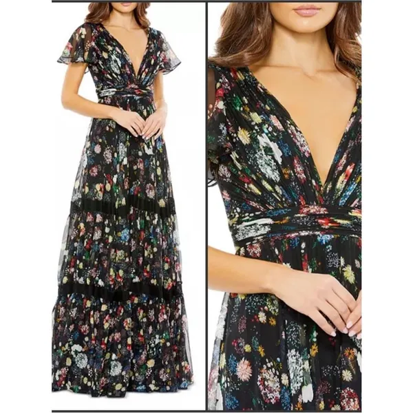 Mac Duggal Size 0 Black Floral Plunge V Neck Lace Maxi Long Formal Gown Dress - Image 2