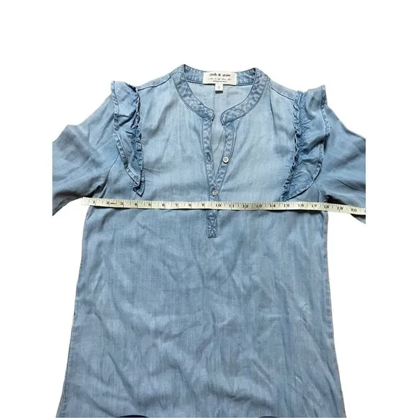 Anthropologie‎ Cloth & Stone Blue Denim Chambray Ruffle Shirt Dress XS - Image 7
