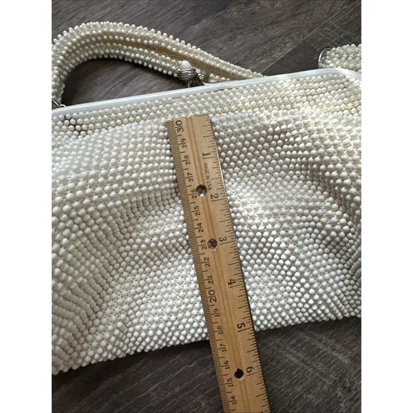 60s Beaded White Handbag Handle Evening Bag Purse USA Two Sided - Image 8