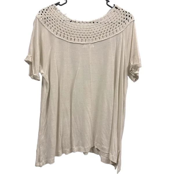 Maurices Oatmeal Macrame Neck Boho Short Sleeve Flowy Tunic Blouse Top Womens L - Image 3