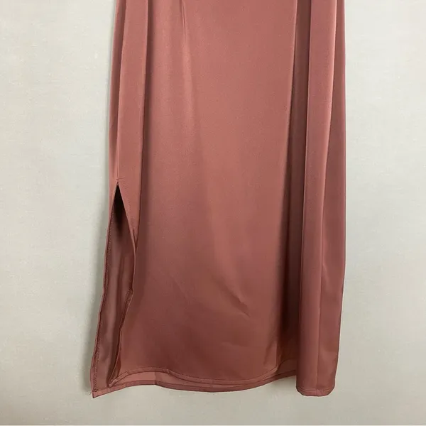 NWT Kendall +‎ Kylie Slip Drsss FLAWS Brown Size XS Midi Tie Milkmaid Satin - Image 8