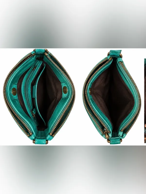 Vilenca Holland Teal Woven Leather Crossbody Bag Boho Turquoise Purse - Image 5