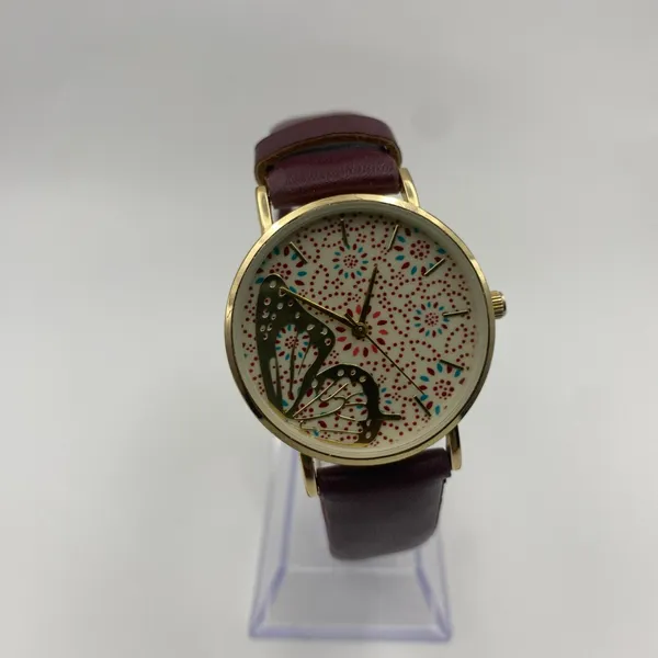 Elegant Butterfly Dial Analog Watch with Maroon Band - New Battery! - Image 2