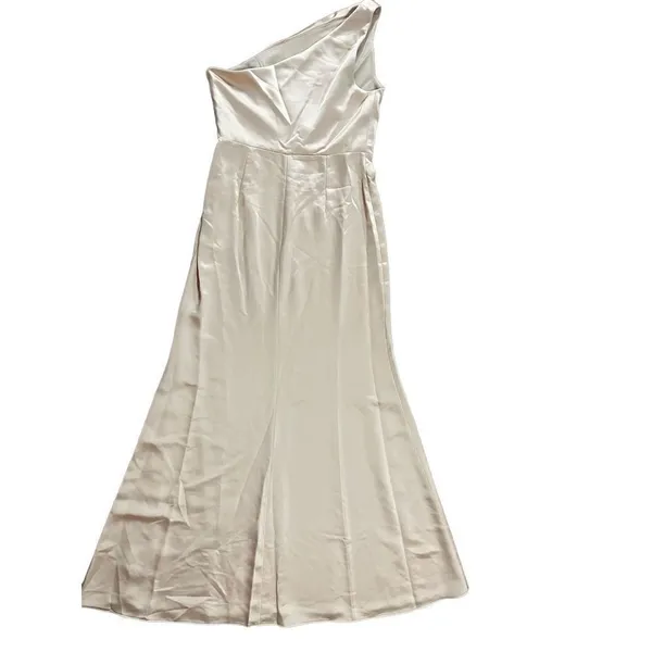 NWT LOVELY Shirred One-Shoulder Satin Trumpet Dress‎ sz 10 Cameo - Image 3