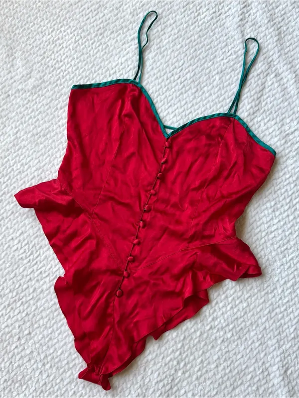 VTG 100% Silk Teddy Romper Bodysuit Lingerie M Red Coquette Button Down Pinup - Image 2