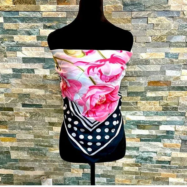 Juicy Couture Pink Floral and Black Polka Dot Scarf - Image 4