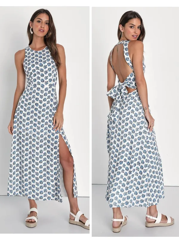 Lulus Flirty Fave Ivory Floral Print Tie-Back Midi Dress Size Small Sleeveless - Image 2