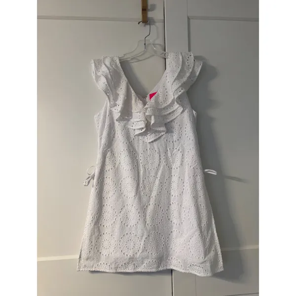 Lilly Pulitzer Emiline Eyelet Romper White Ruffle V-Neck Cotton Dress Size 8 - Image 2