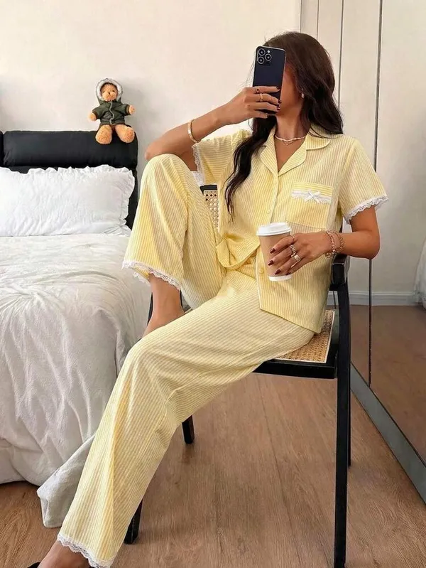 Yellow striped lace trim pajama set - Image 5