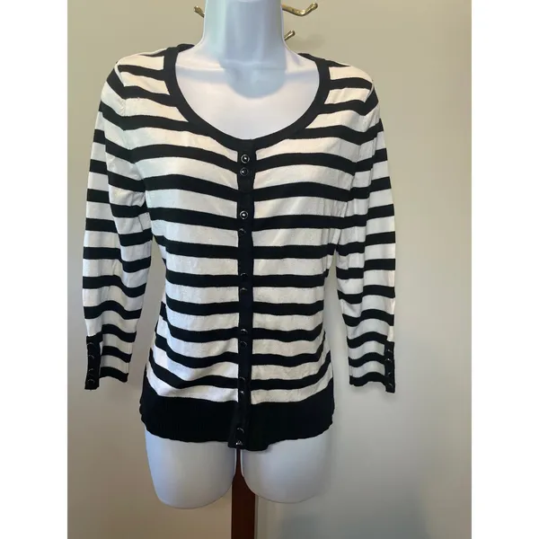 White House Black Market Striped Cardigan Size M Black White - Image 7