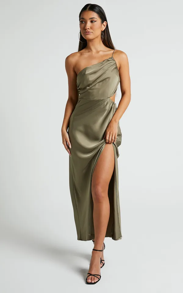 New Showpo Jaylani Midi Dress One Shoulder Thigh Split Satin Dress Size Small - Image 3