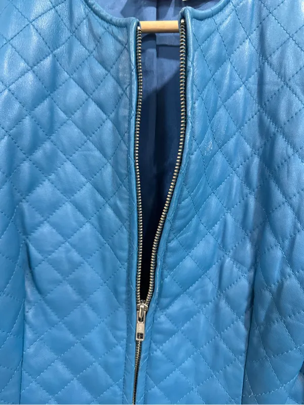 VTG Newport News Quilted Leather Jacket Size 6 Blue Collarless Zip Front - Image 6