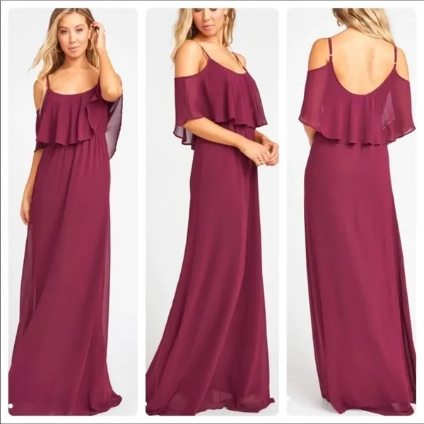 Show Me Your Mumu Caitlin Ruffle Maxi Dress Gown Burgundy Maroon Bridal Long v6x - Image 2