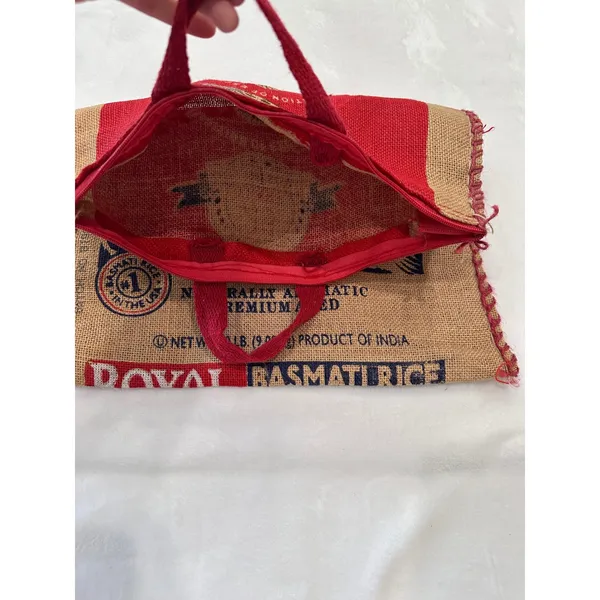 Royal Basmati Rice Burlap Tote Bag Reusable Zippered Market Sack Red Tan 18x13.5 - Image 4