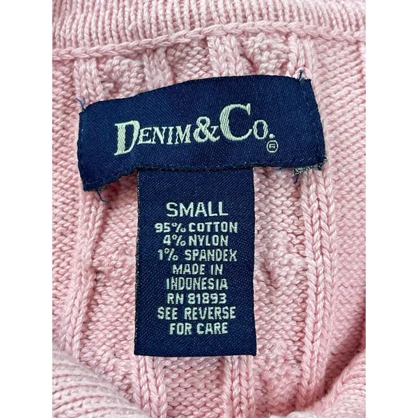 VTG Denim & Co Womens Small Pink Cable Knit Collared Button Up Cardigan Sweater - Image 5