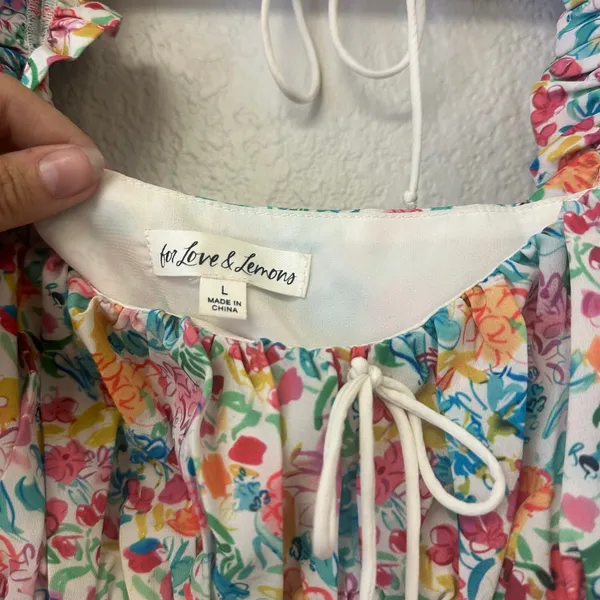 For Love & Lemons Floral Claude Puff Sleeve Crop Top Pink Blue Size Large - Image 7