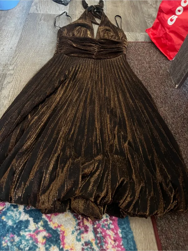 Cache Women’s Halter Metallic Brown Pleated Dress - Image 4
