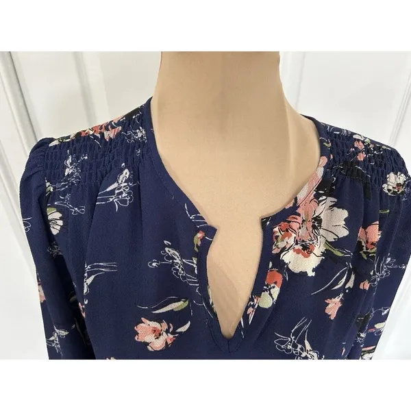 Fun2Fun Navy Blue Floral Boho Kenmore Split Neck Stretch Blouse Size S - Image 3