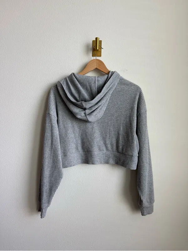 Alo Yoga Muse Cropped Ribbed Hoodie Gray Women's Medium Relaxed Fit - Image 5