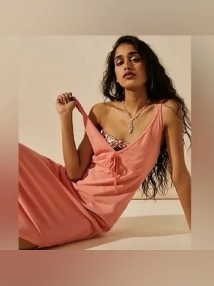 Free people essential tank tie front maxi dress in strawberry colada orange - Image 2