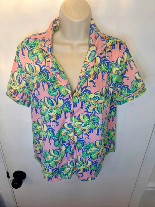 Lauren James LJ Size M Pink Tropical Floral Short Sleeve Pajama Top Sleep Shirt - Image 6