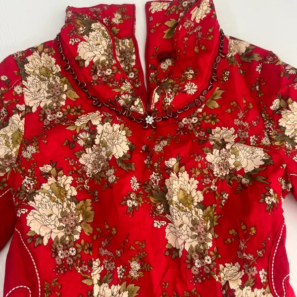 Tang Chao Red Floral Qipao Cheongsam Dress Cotton Mandarin Collar Size M - Image 6