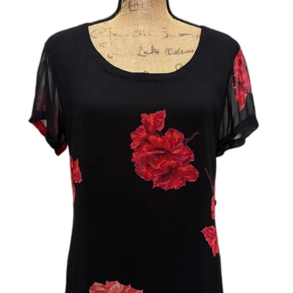 Lola P. Vintage 90s Midi Dress Black Red Floral Print Romantic Grunge‎ Size 10 - Image 3