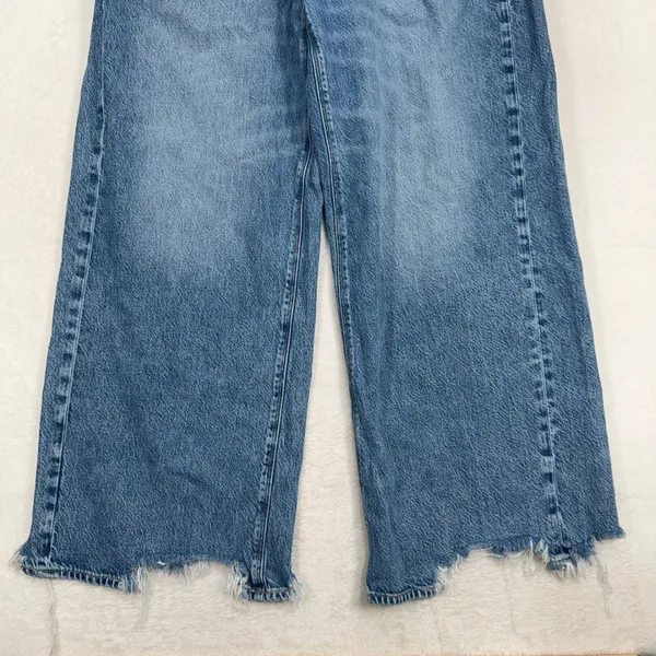 American Eagle 16 Jeans Super High Rise Baggy Wide Leg Raw Hem Blue Denim Grunge - Image 4