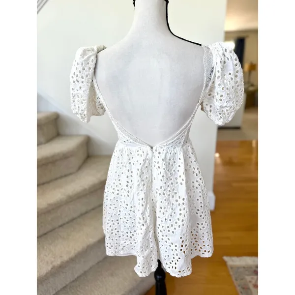 For Love & Lemons Becca White Eyelet Mini Corset Milkmaid Lace Trim Puff Sleeve - Image 5