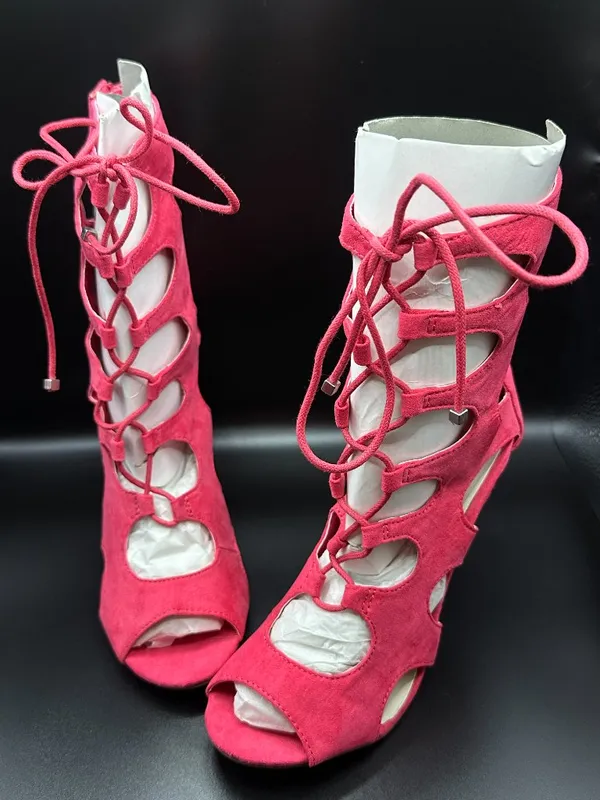Wild Diva Hot Pink Suede Cutout Lace Up Stiletto Heel Booties Barbiecore Glam - Image 5