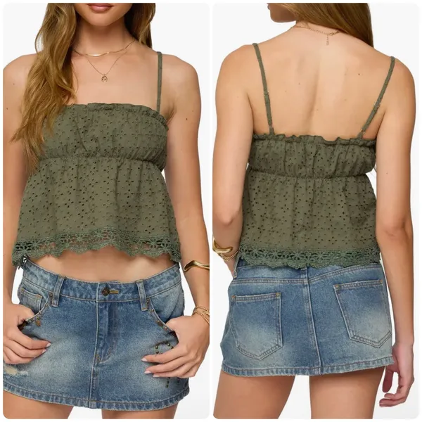 Edikted Womens Olive Green Orian Eyelet Cotton‎ Babydoll Camisole Top Size M - Image 2