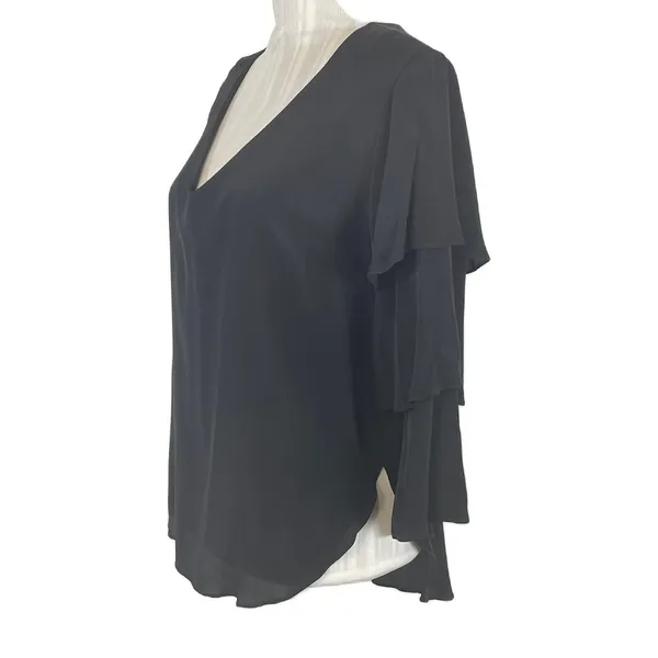 Amanda Uprichard Black Silk V Neck Pullove Tiered Ruffle Sleeve Top Size Medium - Image 3