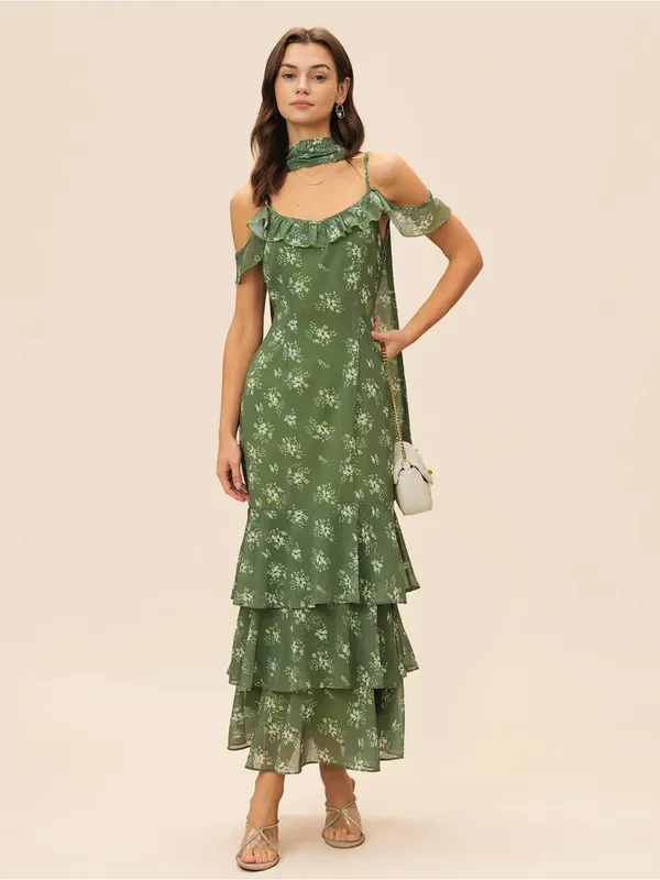 Rihoas Green Floral Ruffled Cold-Shoulder Maxi Dress - Image 7