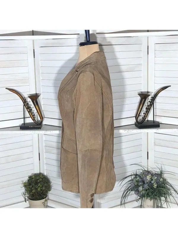 Vintage Y2K Suede Leather Blazer Coat Camel Brown Size M - Image 13