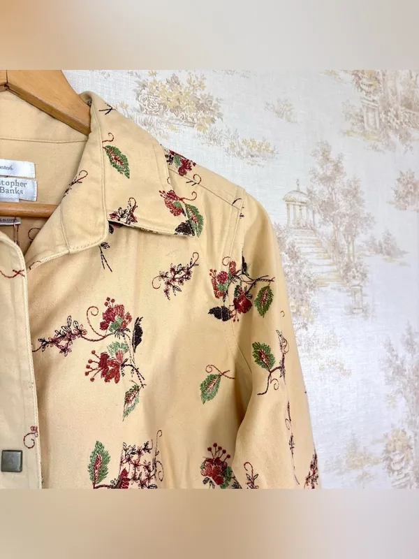Y2K Christopher & Banks Butter Yellow Floral Embroidered Cottagecore Jacket L - Image 2