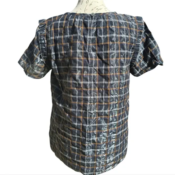 LOFT -289 Plaid Short‎ Sleeve Ruffle Shimmer Blouse Top Black Tan White Small - Image 6