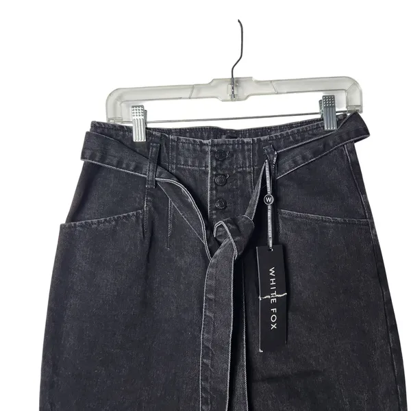White Fox Black Denim Tapered Leg Button Fly High Rise Belted Ankle Jeans Medium - Image 3