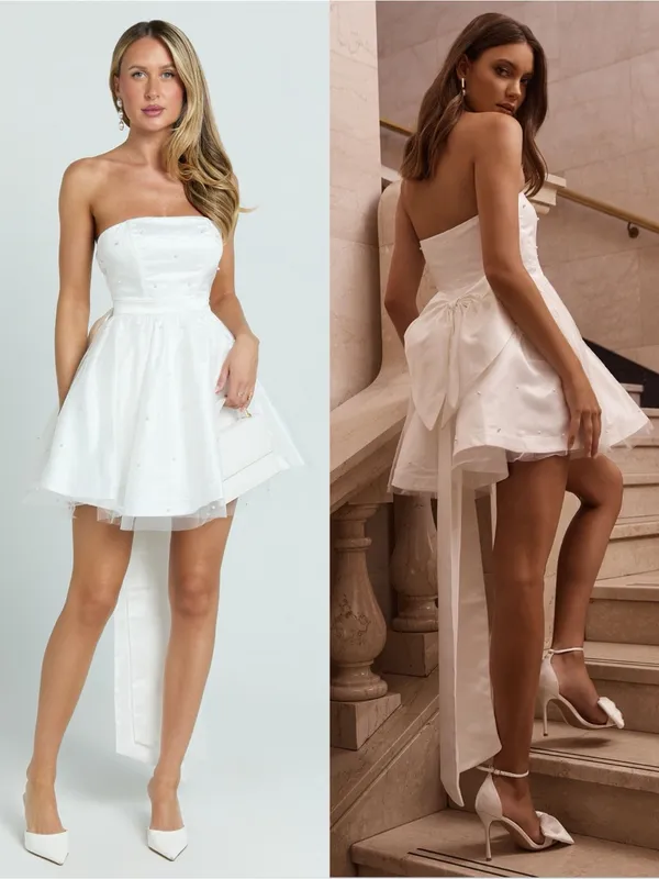 SHOWPO Cailene Strapless Bow Train Fit And Flare Mini Dress In Ivory - Image 2