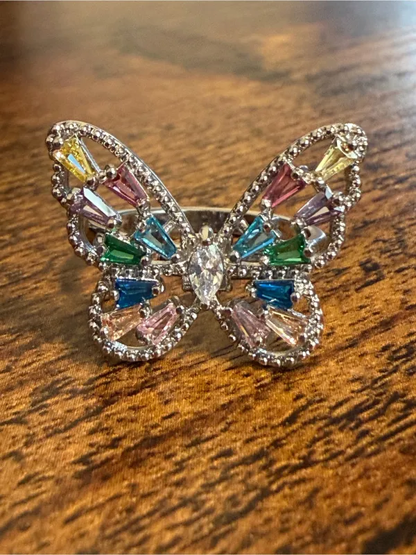 Adjustable Colorful Butterfly Ring Silver Plated Multi CZ Crystal Statement Jewe - Image 2