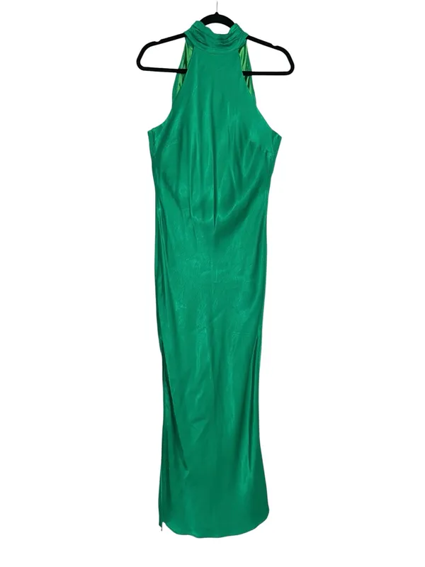 Meshki Claire Satin Halter Sleeveless Green Maxi Dress MEDIUM - Image 4