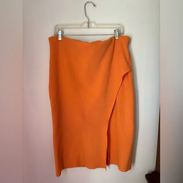 Express Body Contour Ribbed Midi Skirt Orange Side Slit XL - Image 10