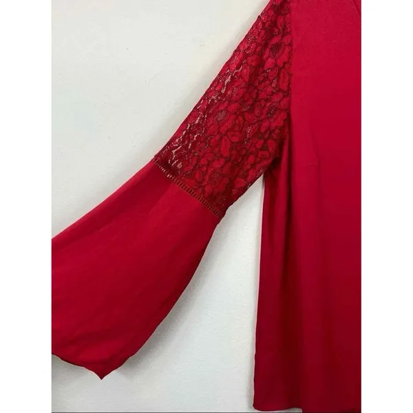 Red Lace Bell Sleeve Blouse‎ Top Women's Size Small - Image 3