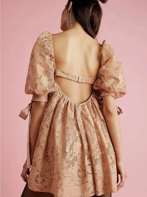 For Love & Lemons Size L Mauve Lace Puff Sleeve Mini Dress Satin Bow Ties - Image 5