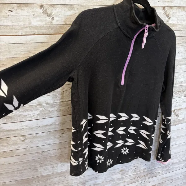 Talbots Womens M Raglan Pullover 1/2 Zip Black Geo Jacquard Lavdr Trim Fair Isle - Image 2