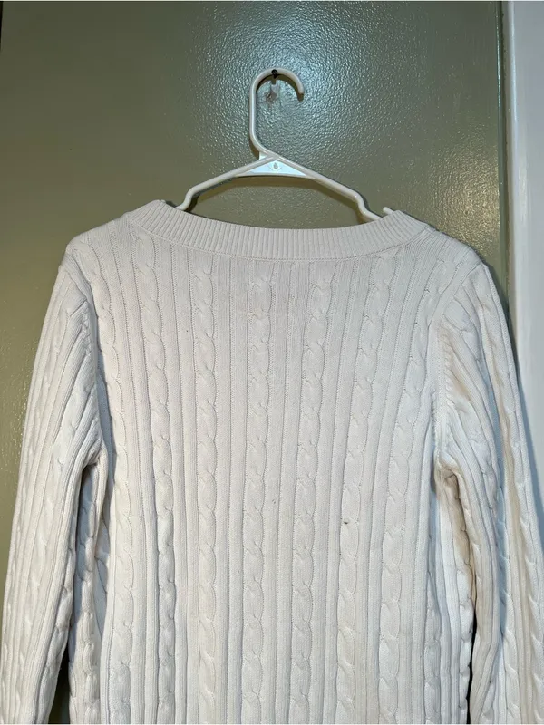Chaps Women's Size XL V-Neck Sweater Cream White Cableknit 100% Cotton - Image 9