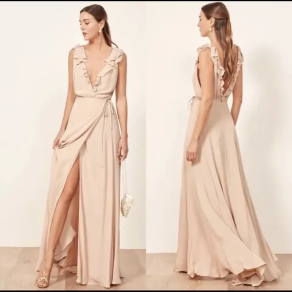REFORMATION Women's Peppermint Ruffle Wrap Maxi Dress Champagne‎ Size Large - Image 2