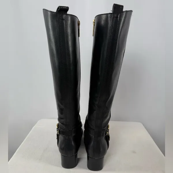 Vintage Y2K Tory Burch Leather Gold Logo Knee High Heeled Boots in Black Size‎ 7 - Image 7