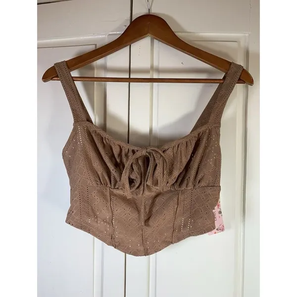 Coquette Babydoll Retro Eyelet‎ Crop Top Large Brown Sexy Keyhole Tie Fun Shein - Image 3
